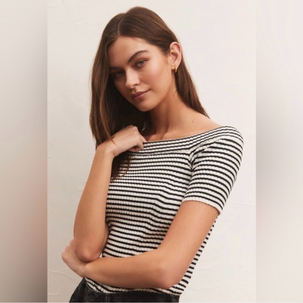 Z Supply Striped Birdie off Shoulder Black and White striped Women's Top